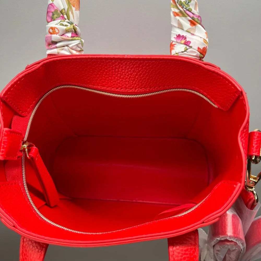 Red Pebbled Leather‎ Tote Bag with Floral Scarf Top Handle Detachable Strap